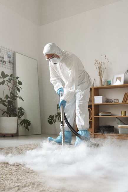 A professional cleaning technician from Carpet Cleaners Bayswater is performing deep cleaning on a beige carpet in a modern living room. The technician is wearing a full white protective suit, including a hood, mask, and gloves, and is using a carpet steam cleaning machine that emits visible steam or mist onto the carpet surface. The living room features a white wall, a large floor mirror leaning against the wall, and a wooden shelving unit with decorative items, plants, and books. The room is well-lit with natural light, emphasizing the cleanliness and freshness of the space, which appears to be in the process of sanitisation or thorough surface cleaning as part of comprehensive domestic cleaning services offered near Queensway Bayswater.