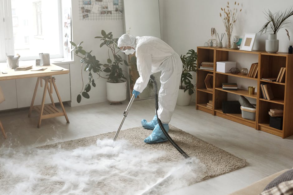 A professional cleaner from Carpet Cleaners Bayswater, dressed in white protective suit, blue gloves, and shoe covers, is performing deep cleaning on a beige wool rug using a steam cleaning machine. The room is well-lit with natural light coming from a large window on the left, which has a white frame and sheer curtains. The room features a wooden sideboard with open shelves on the right, holding decorative items, books, and storage boxes, with a large potted plant nearby. The floor is light-colored wood, and the walls are painted white, creating a bright, clean space. The overall scene depicts surface cleaning and hygiene maintenance ensuring the rug and room are thoroughly sanitised, reflecting the services offered by Carpet Cleaners Bayswater near Queensway Bayswater.